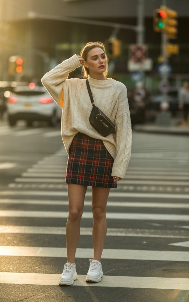 Full-body of a white-skinned model in a plaid mini skirt, white oversized sweater, chunky sneakers, and small crossbody bag. She’s standing on a city crosswalk, adjusting her hair, looking candidly away. Golden hour light, realistic skin, editorial photography style.