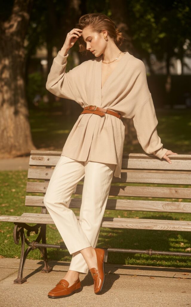 Full-body of a white-skinned model wearing a beige oversized cardigan belted at the waist over cream fitted trousers, loafers, and minimal jewelry. She stands near a park bench adjusting her hair. Soft afternoon sunlight, natural textures, relaxed editorial pose.