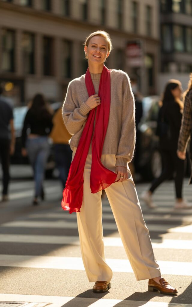 Full-body of a white-skinned model wearing a beige sweater and cream trousers, with a bright red statement scarf, loafers. She stands on a city sidewalk, holding the scarf lightly, smiling softly. Afternoon sunlight, candid editorial style, natural textures.