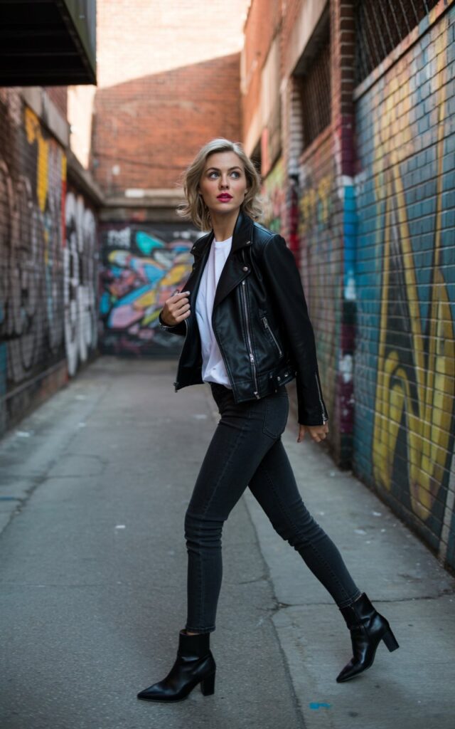Full-body of a white-skinned model wearing a black leather jacket over a white fitted tee, skinny jeans, and black boots. She walks along a graffiti wall alleyway, looking over her shoulder, relaxed expression. Early evening urban light, candid editorial style, realistic skin and fabric textures.