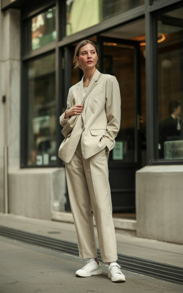Full-body of a white-skinned model wearing a cream blazer with matching tailored trousers, white sneakers, small shoulder bag. She stands outside a modern café, hands in pockets, looking casually to the side. Soft daylight, realistic editorial color grading, subtle fabric textures, natural expression.
