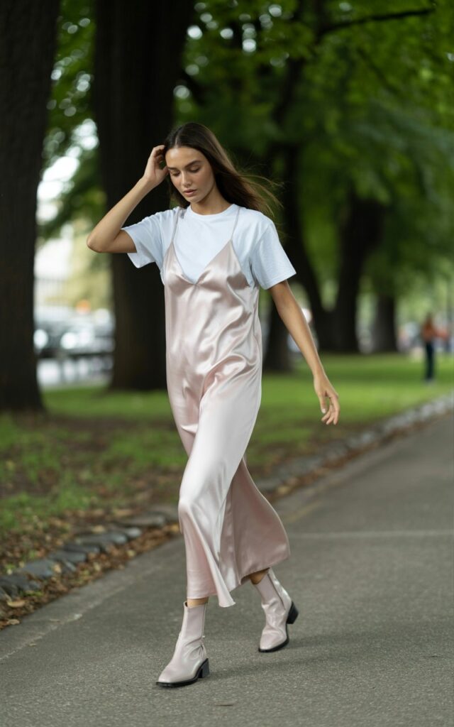 Full-body of a white-skinned model wearing a light pink satin slip dress layered over a white tee, paired with low ankle boots. She strolls along a leafy park pathway, hands brushing her hair, looking relaxed. Natural daylight, shallow depth of field, editorial candid style.