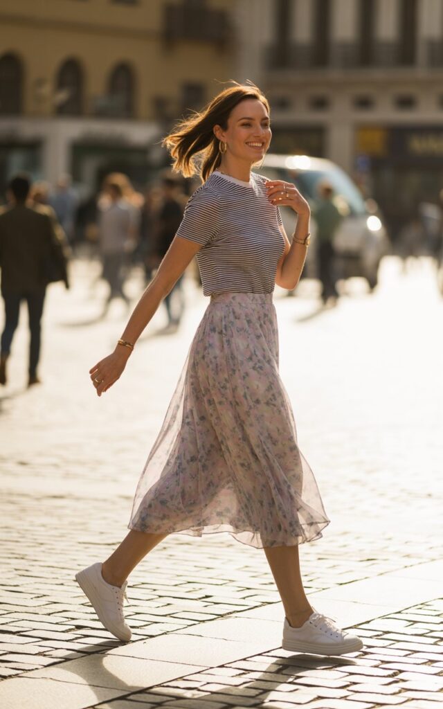 Full-body of a white-skinned model wearing a navy striped tee tucked into a pastel floral midi skirt, white sneakers, minimal jewelry. She walks along a city square, mid-step, hair slightly flowing, soft smile. Morning sunlight, candid editorial photography style.