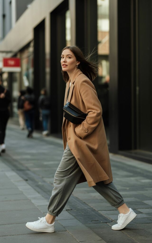 Full-body of a white-skinned woman in a camel tailored coat over gray joggers, white sneakers, crossbody bag. She’s walking along a paved city walkway, looking casually to the side, hands in pockets. Candid editorial photography, natural light, realistic fabric and skin textures.