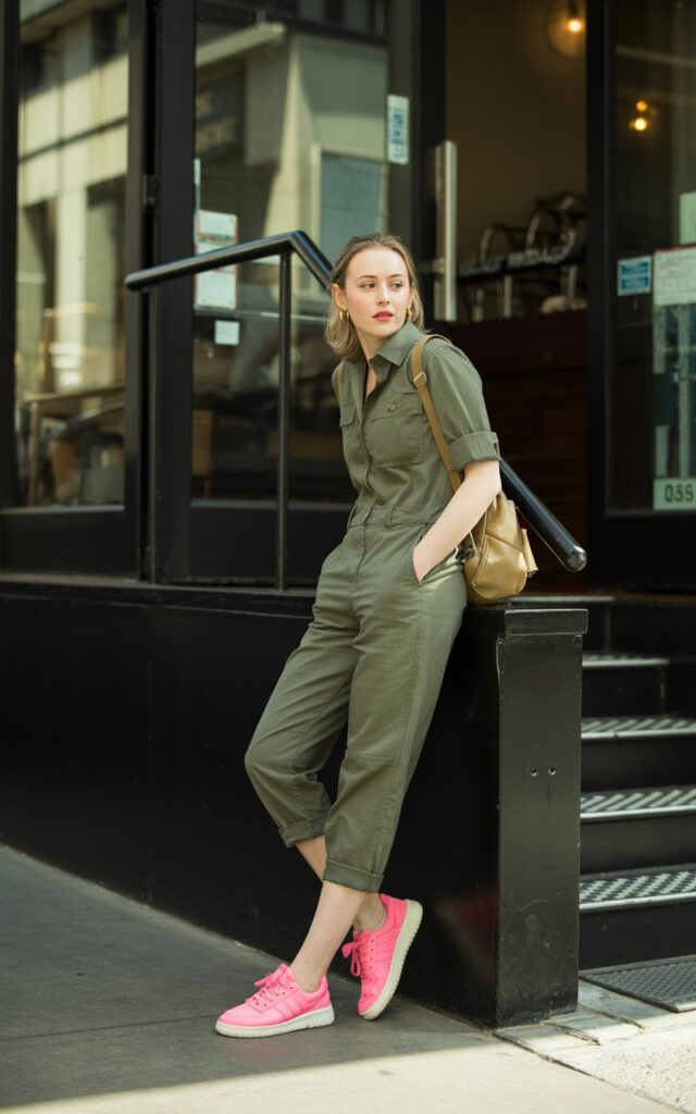 Full-body of a white-skinned woman in an olive green utility jumpsuit, bright neon sneakers, small backpack. She leans against a stair railing outside a café, hands in pockets, looking off-camera. Natural daylight, editorial candid style, realistic textures and shadows.