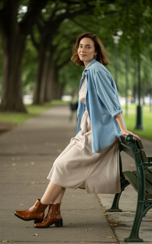 Full-body of a white-skinned woman wearing a light blue denim shirt unbuttoned over a beige midi dress with brown ankle boots. She stands on a park bench walkway, leaning slightly, smiling softly. Soft natural light, editorial depth of field, realistic textures.