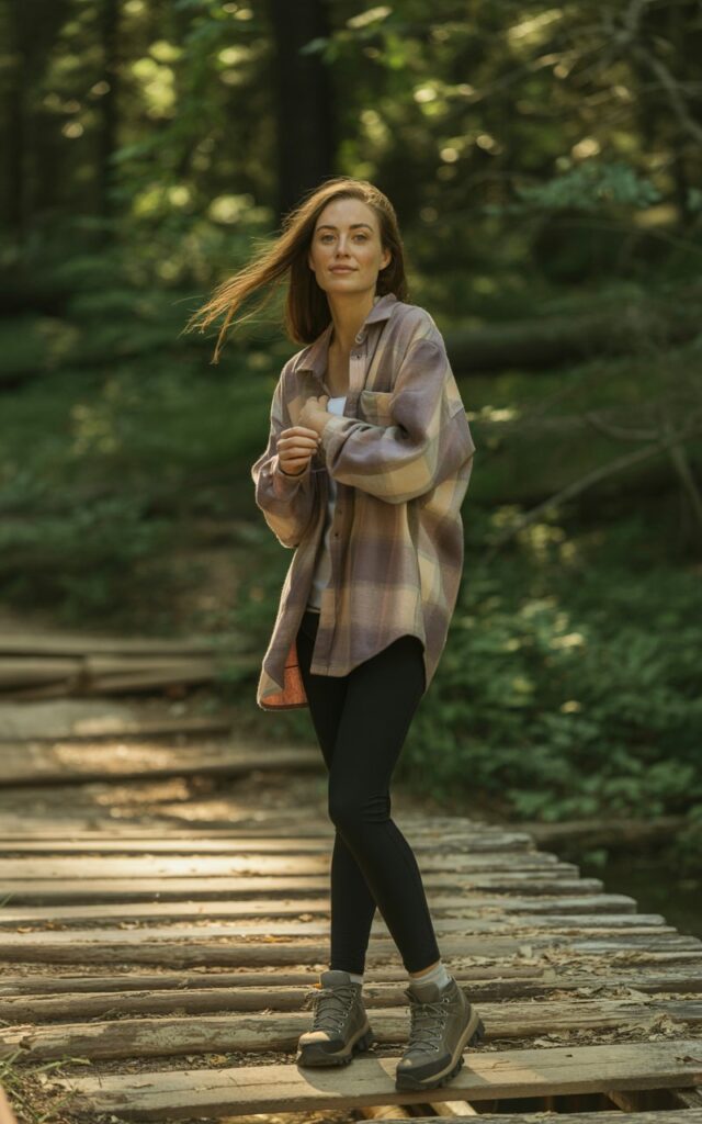 Full-body realistic image of a white-skinned female wearing a soft oversized flannel shirt over a fitted base layer, black leggings, and hiking boots. Standing on a wooden bridge in a forest, rolling up sleeves, soft smile. Natural sunlight filters through trees. Hair movement visible, editorial natural style, soft depth of field.