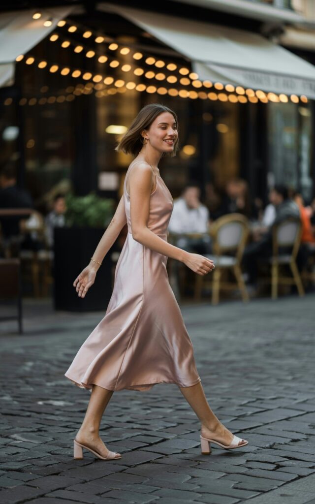 Full-body realistic model in blush pink satin midi dress with block heels and minimal jewelry. Evening street café with warm string lights and cobblestone pavement. Soft warm lighting for romantic evening mood. Model walking lightly, looking to the side with gentle smile. Shot in candid editorial style, 35mm lens, natural shadows, subtle depth of field.