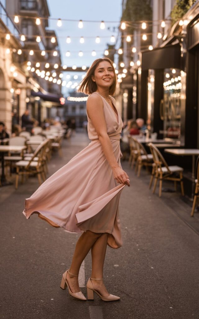 Full-body realistic model in blush pink wrap dress, nude block heels, and minimalist jewelry. Romantic evening street with string lights and bistro tables. Warm evening glow, soft shadows. Model standing, gently twirling dress, subtle smile. Candid editorial style, 35mm lens, natural shadows and depth.