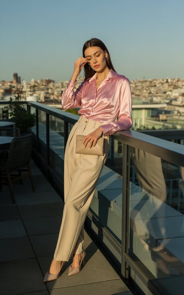 Full-body realistic model in silky pink blouse tucked into high-waisted beige trousers, pointed heels, and small clutch. Rooftop terrace café during golden hour with city skyline. Warm, soft evening light highlighting satin texture. Model leaning against railing, adjusting hair, subtle smile. Candid editorial photography, 35mm lens, realistic shadows.