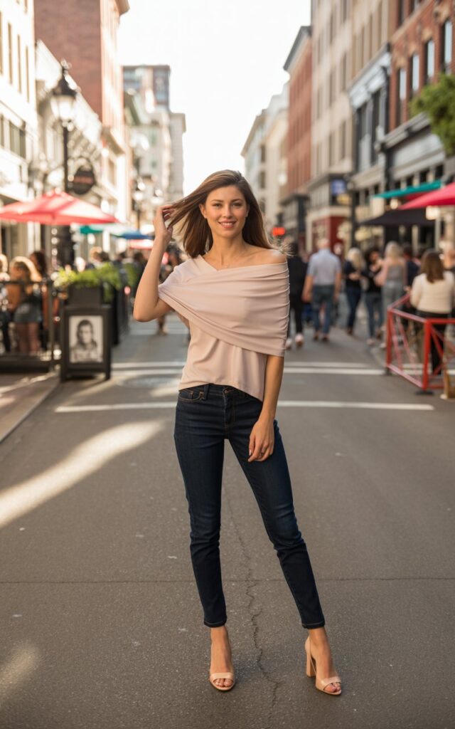 Full-body realistic model in soft pink off-shoulder top, dark skinny jeans, neutral heels. Downtown pedestrian street with cafés. Afternoon sunlight. Model standing, adjusting hair, smiling naturally. Editorial street-style photography, 50mm lens, realistic textures.
