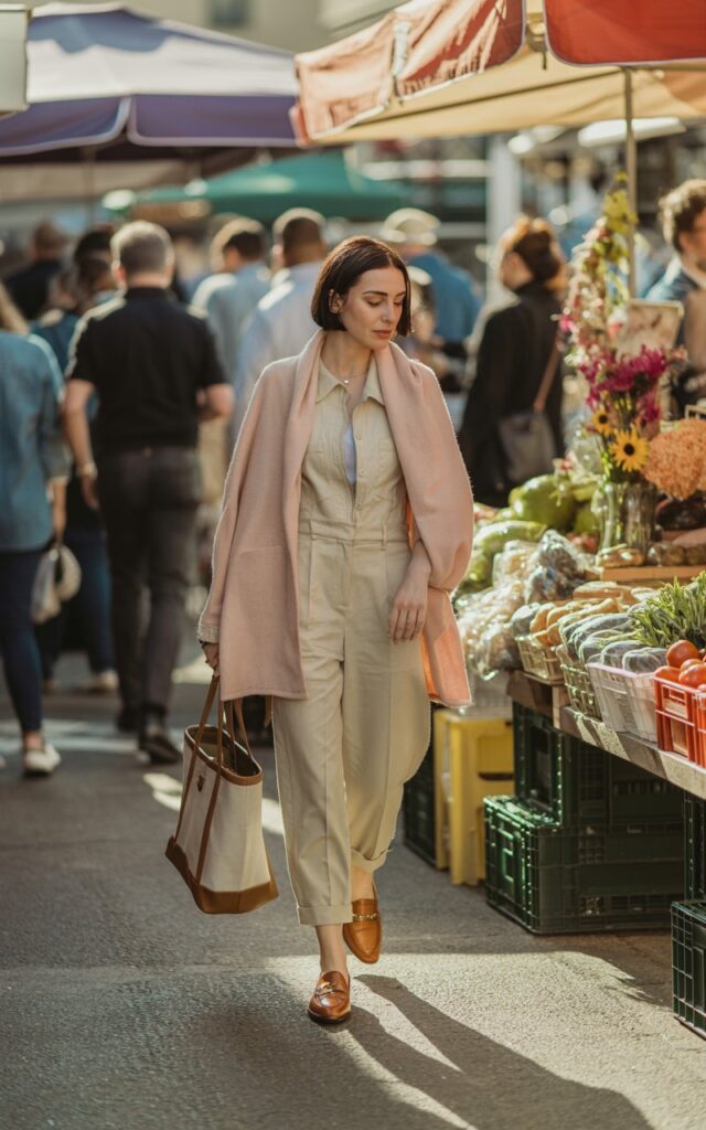 Full-body realistic model wearing a soft pink oversized cardigan over a beige jumpsuit, loafers, and a tote bag. Outdoor weekend market scene with stalls and casual pedestrian background. Morning sunlight with gentle shadows. Model walking, glancing down at market items with a relaxed expression. Editorial street-style photography, 50mm lens, natural color grading.