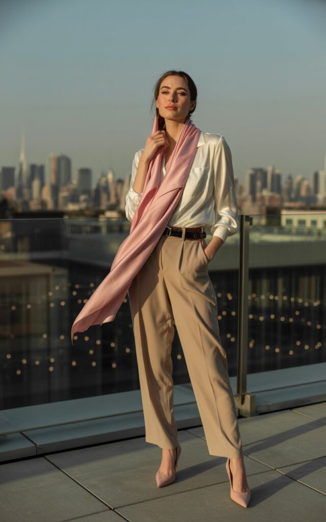 Full-body realistic model wearing cream blouse, beige trousers, nude heels, and pink satin scarf. Rooftop terrace with city skyline in evening. Warm golden light. Model standing, adjusting scarf, gentle smile. Editorial photography, 50mm lens, soft shadows.