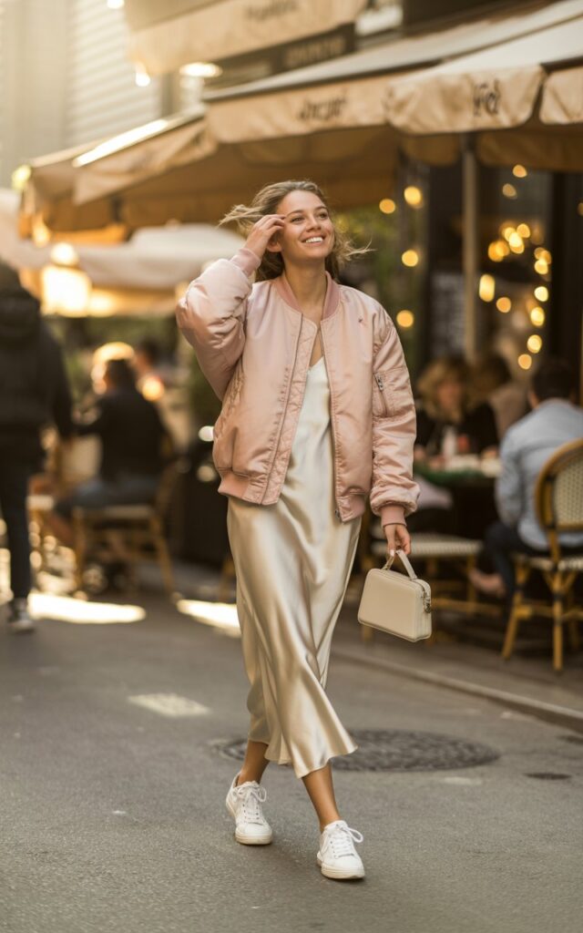 Full-body realistic model wearing light pink bomber jacket over cream slip dress, white sneakers, minimal bag. Street café with evening lights. Golden hour sunlight. Model walking lightly, adjusting hair, natural smile. Editorial candid style, 35mm lens, soft depth of field.