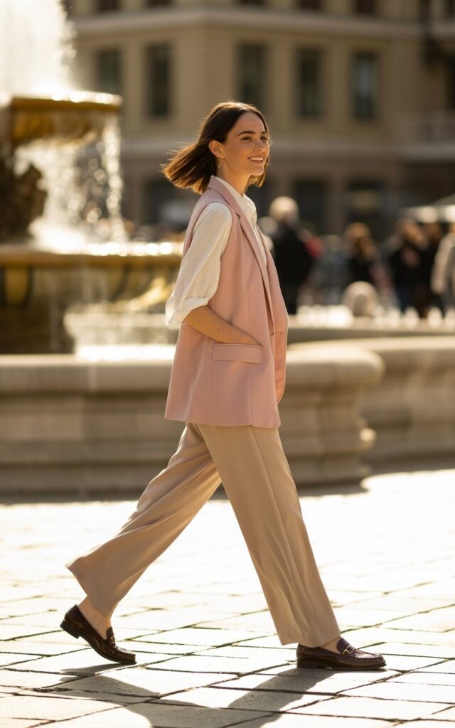 Full-body realistic model wearing light pink tailored vest, white blouse, beige trousers, loafers. Urban plaza with fountains and benches. Morning sunlight. Model walking lightly, looking sideways, confident smile. Candid editorial photography, 35mm lens, natural depth of field.