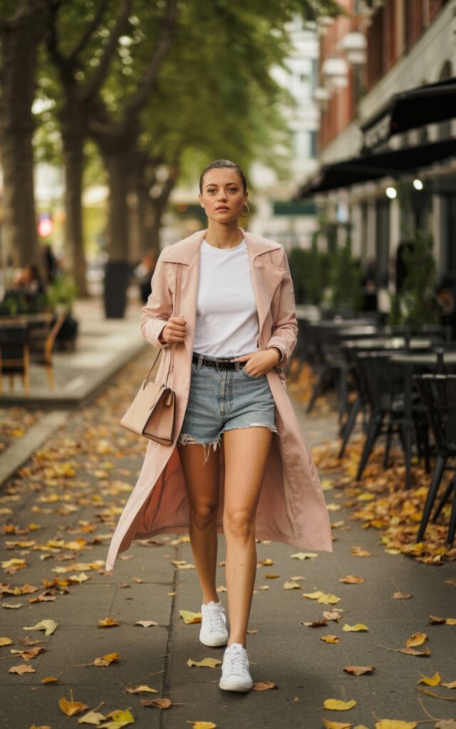 Full-body realistic model wearing light pink trench coat over white t-shirt, denim shorts, and sneakers. Transitional season outdoor street with café terraces and fall leaves. Soft afternoon sunlight. Model walking, holding bag strap, looking slightly to the side. Editorial street-style photography, 50mm lens, natural color tones.