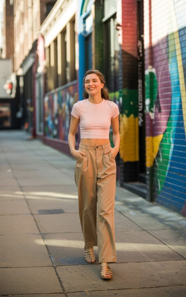 Full-body realistic model wearing pastel pink crop top, high-waisted wide-leg pants in neutral tone, and strappy sandals. Urban street with painted murals and sidewalks. Afternoon natural light casting soft shadows. Model walking casually, one hand in pocket, smiling naturally. Shot in editorial street-style manner, 50mm lens, subtle depth of field.
