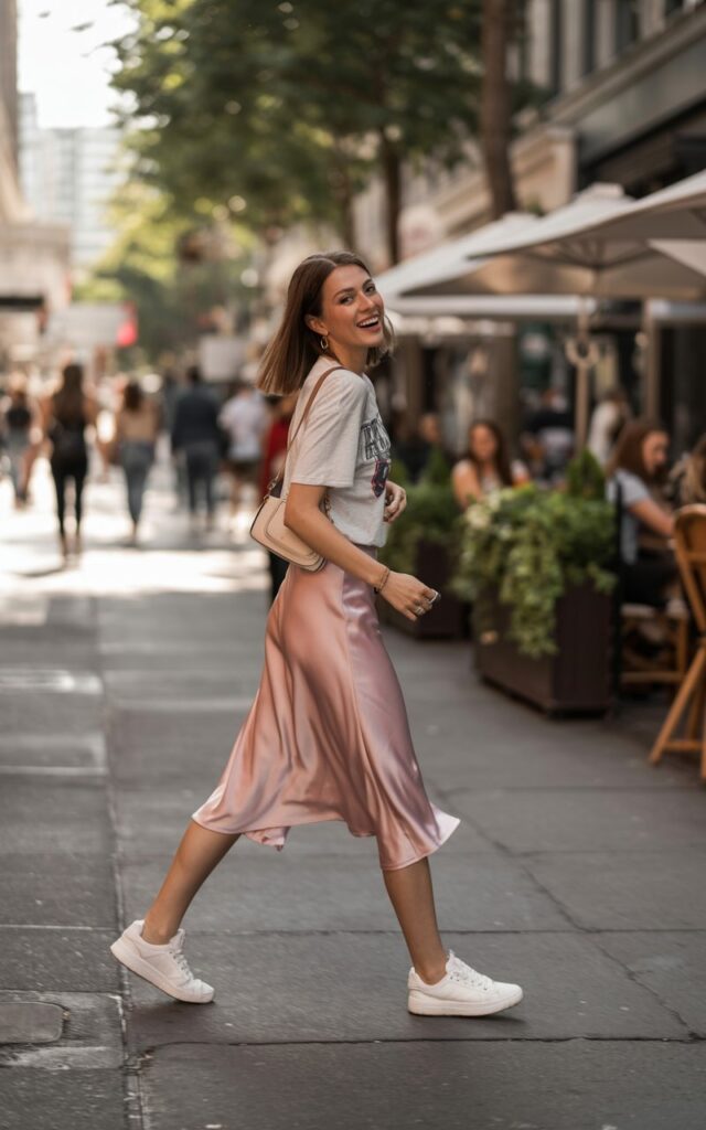 Full-body realistic model wearing satin pink slip skirt, casual white graphic tee, white sneakers, and crossbody bag. Downtown pedestrian street with café tables and urban greenery. Midday natural sunlight with soft shadows. Model walking, looking back over shoulder with playful smile. Editorial candid photography, 50mm lens, soft depth of field.