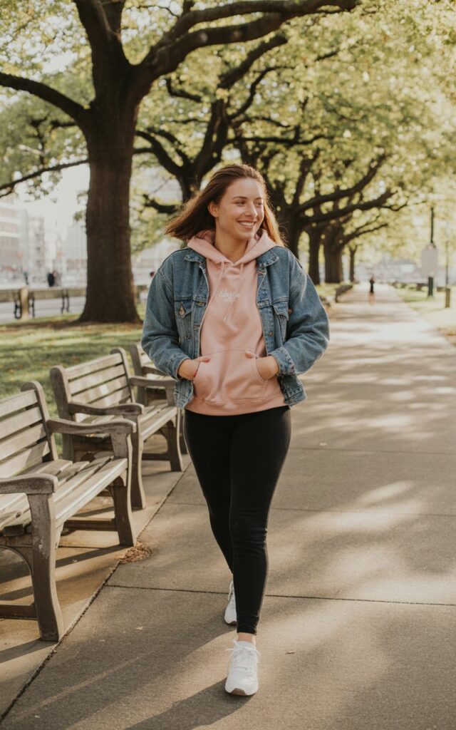 Full-body realistic model wearing soft pink hoodie, classic blue denim jacket, black leggings, and sneakers. Urban park pathway with trees and benches. Morning light filtering through trees. Model walking casually, hands in pockets, relaxed expression. Candid editorial style, 35mm lens, natural texture and color.