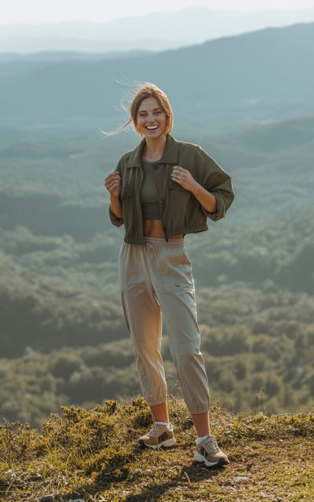 Full-body realistic shot of a white-skinned model in a cropped olive green jacket, mid-rise beige joggers, and trail sneakers. Standing on a hilltop with panoramic forest view, arms slightly raised, smiling naturally. Morning sunlight, gentle shadows across the outfit. Editorial candid style, natural color grading, realistic hair highlights.