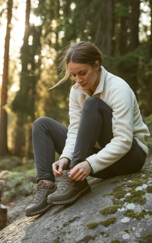 Full-body realistic view of a white-skinned woman wearing a cream fleece pullover, dark gray slim hiking pants, and hiking boots. Sitting on a moss-covered rock beside a trail, tying her boots, soft expression. Dappled morning light from surrounding pine trees. Natural hair movement, healthy skin texture visible. Editorial-style, 35mm lens, soft focus on background.