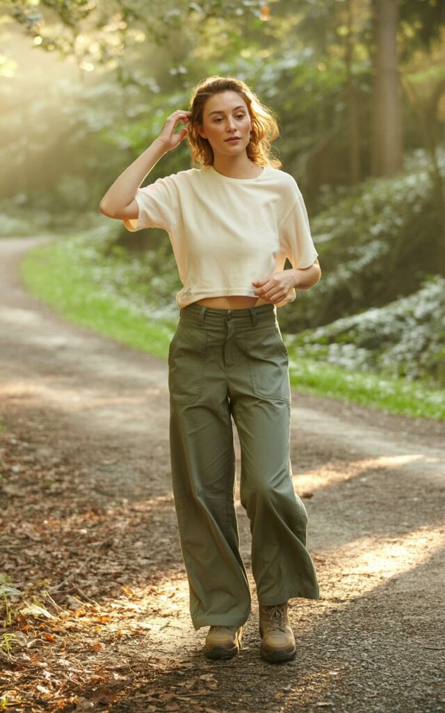 Full-body realistic view of a white-skinned woman wearing a cream thermal top and olive wide-leg hiking pants, brown boots. Walking along a forest path, one hand adjusting hair, relaxed natural expression. Soft morning sunlight filtering through trees. Realistic proportions, natural skin details, editorial photography.