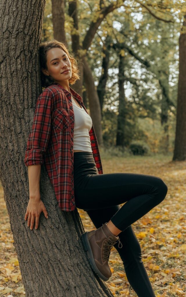 Full-body shot of a white-skinned female wearing a red plaid flannel over a white tank top, black leggings, and hiking boots. Leaning casually on a tree trunk, looking at camera with soft smile. Background of dense forest and fallen leaves. Soft natural light, realistic skin texture, editorial style photography.