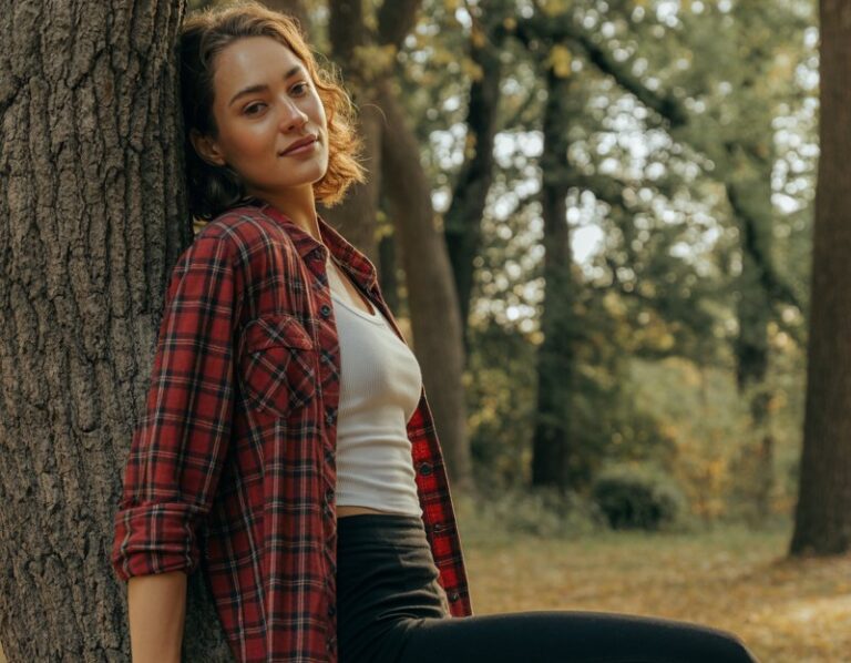 Full-body shot of a white-skinned female wearing a red plaid flannel over a white tank top, black leggings, and hiking boots. Leaning casually on a tree trunk, looking at camera with soft smile. Background of dense forest and fallen leaves. Soft natural light, realistic skin texture, editorial style photography.