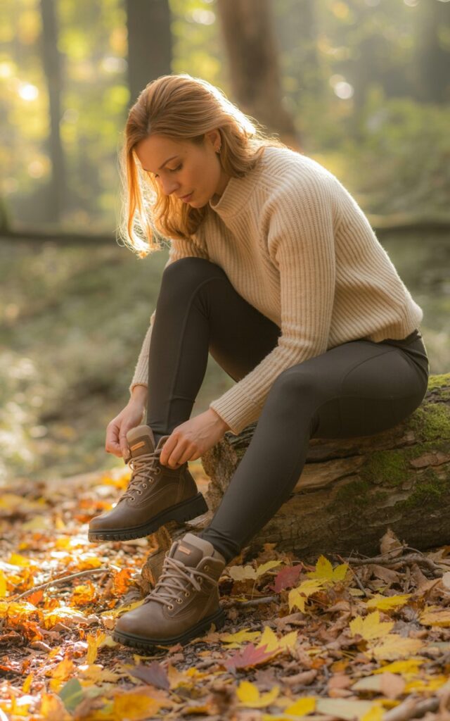Full-body shot of a white-skinned woman in a chunky knit sweater, black stretchy hiking tights, and ankle boots. Sitting on a fallen log, leaning slightly forward adjusting shoes. Autumn leaves on the forest floor, warm morning light. Realistic skin texture, natural posing, soft focus on background.