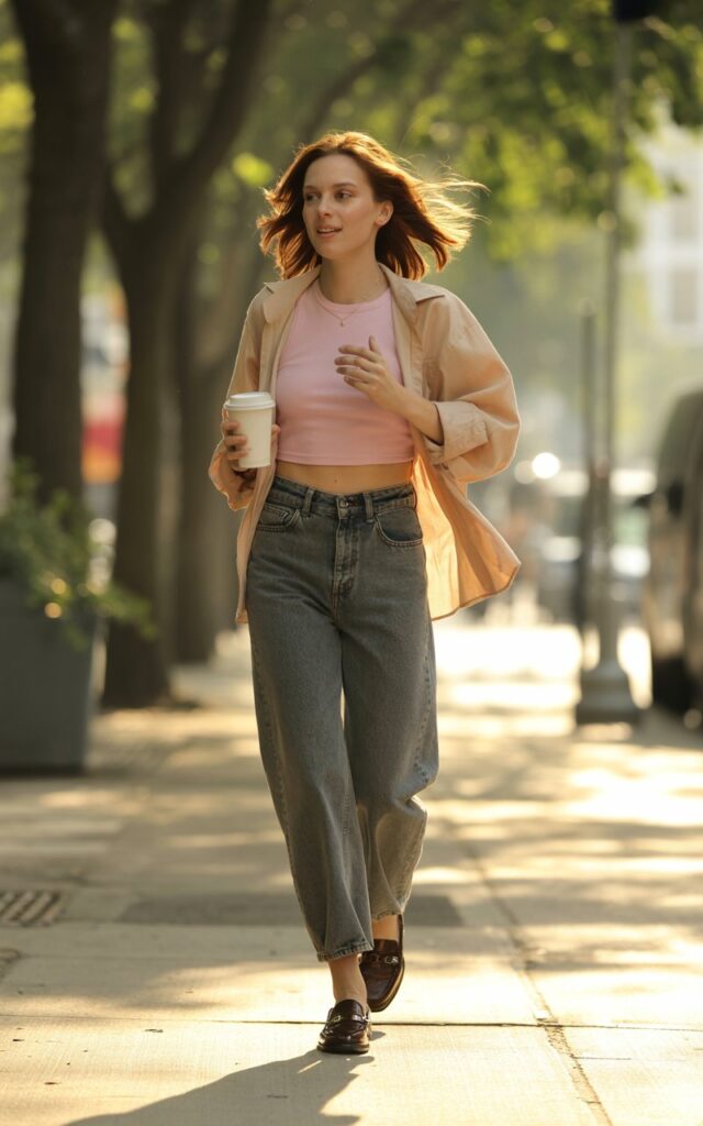 Full-body shot of a white-skinned woman wearing a beige long-sleeve top under a pastel cropped tee, paired with high-waisted jeans and loafers. She walks down a tree-lined city sidewalk with coffee in hand. Golden hour lighting, natural shadows, relaxed editorial pose, slight motion in hair, realistic skin.