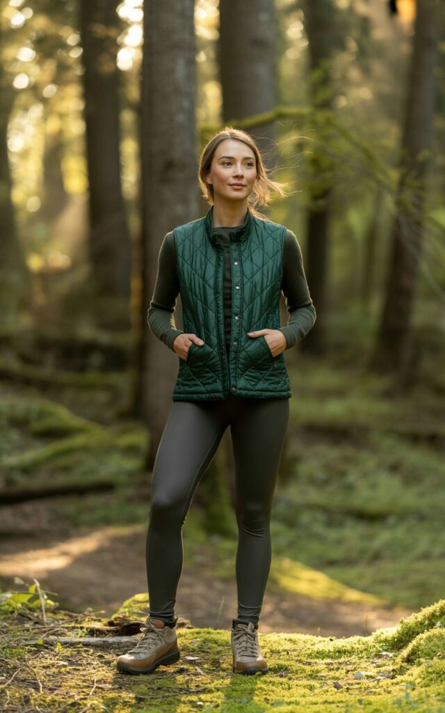 Full-body shot of a white-skinned woman wearing a dark green quilted vest, black fitted leggings, and trail shoes. Standing on a mossy trail, hands in vest pockets, smiling softly. Forest environment with light streaming through trees. Soft focus background, realistic skin and hair texture, editorial natural photography.