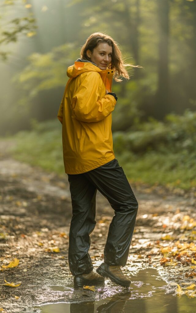 Full-body view of a white-skinned female in a bright yellow waterproof jacket, black waterproof pants, and waterproof boots. Standing on a muddy trail, looking back over her shoulder, slight smile. Misty morning forest with wet leaves and puddles. Natural lighting with soft reflections, realistic hair movement. Editorial candid photography, soft depth of field.