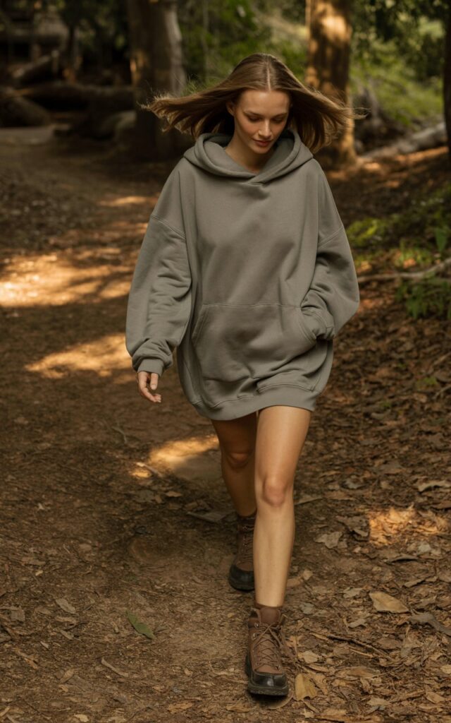 Full-body view of a white-skinned model wearing a gray hoodie dress and brown hiking boots. Walking along a dirt trail, looking down with a gentle smile. Sunlight filters through surrounding trees creating warm tones. Natural hair movement, editorial candid style, realistic proportions, soft shadows.