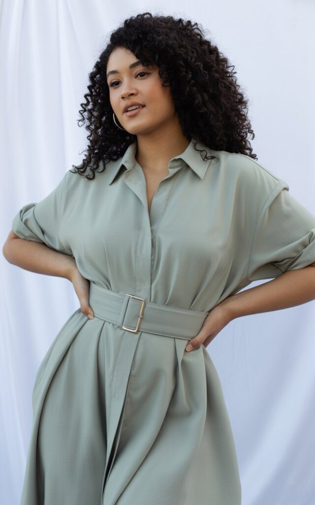 "A natural-looking young curvy woman wearing a belted shirt dress. Theme: curvy outfits."