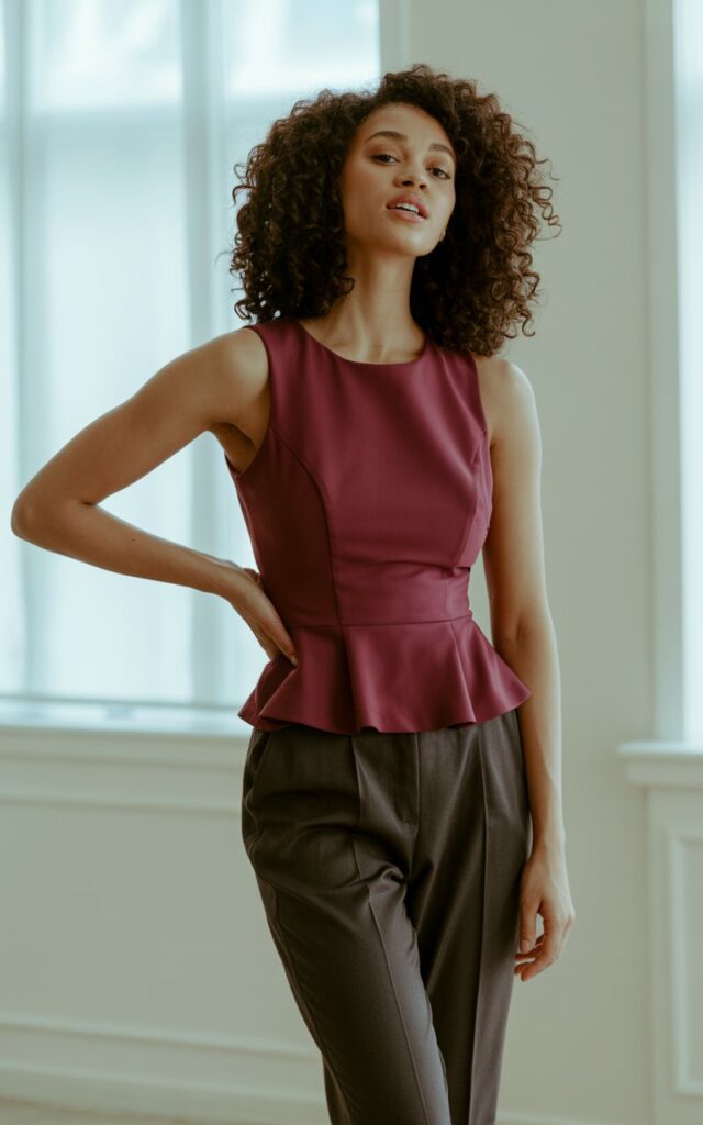 "A natural-looking young curvy woman wearing a peplum top with tailored pants. Theme: curvy outfits."