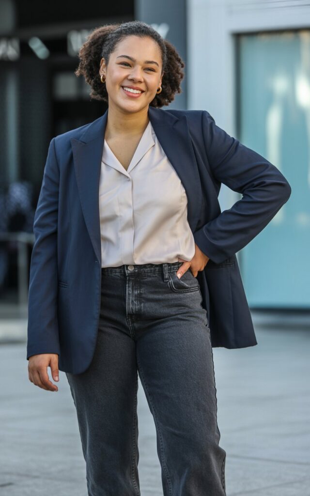 "A natural-looking young curvy woman wearing a structured blazer over skinny or straight-leg jeans. Theme: curvy outfits."