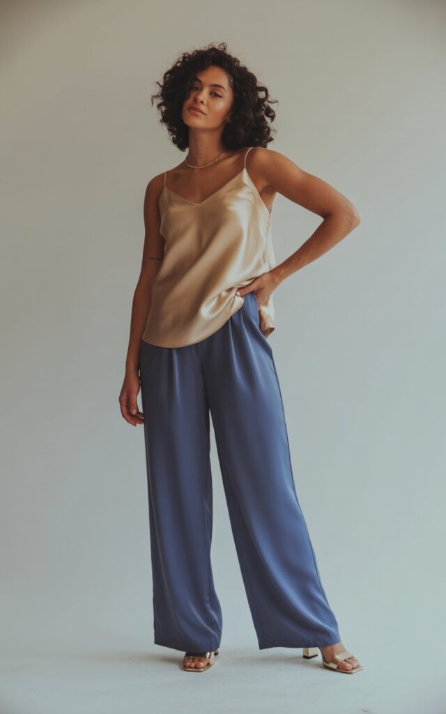 "A natural-looking young curvy woman wearing wide-leg trousers with a satin camisole. Theme: curvy outfits."