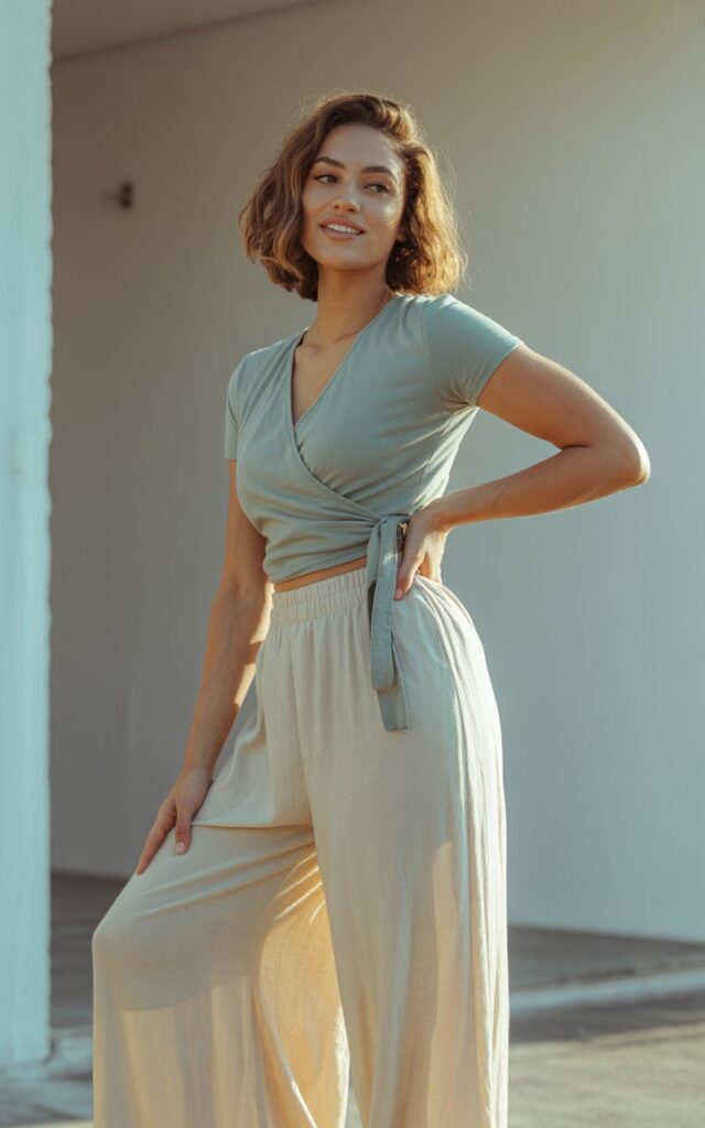 "A natural-looking young curvy woman wearing a wrap top with flowing palazzo pants. Theme: curvy outfits."