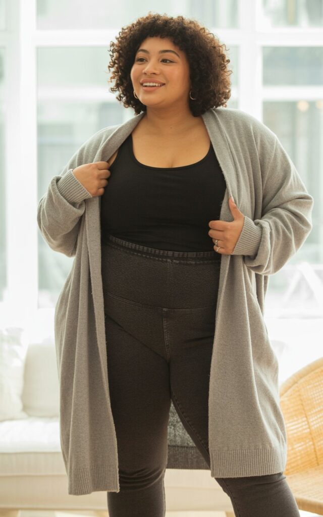 "A natural-looking young curvy woman wearing a longline cardigan over a tank and leggings. Theme: curvy outfits."