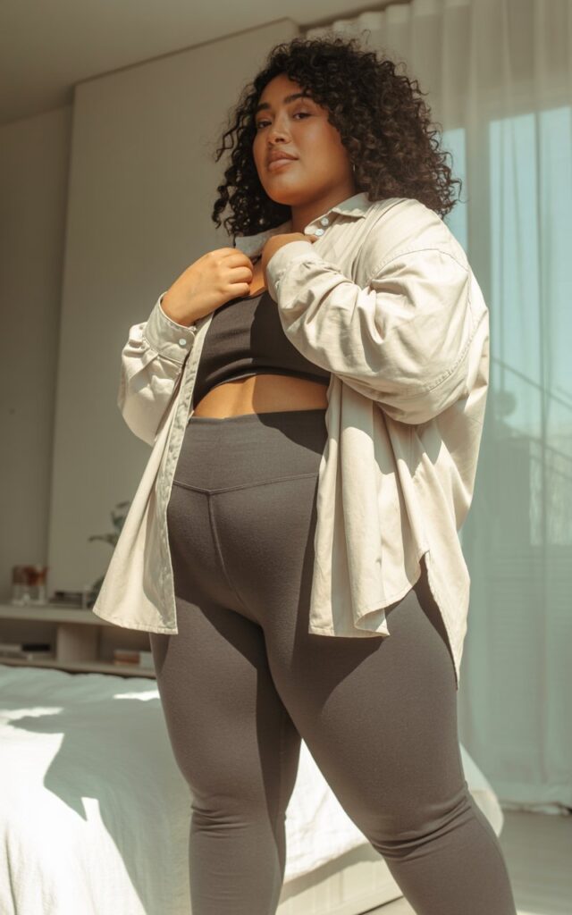 "A natural-looking young curvy woman wearing high-waisted leggings with an oversized button-up. Theme: curvy outfits."