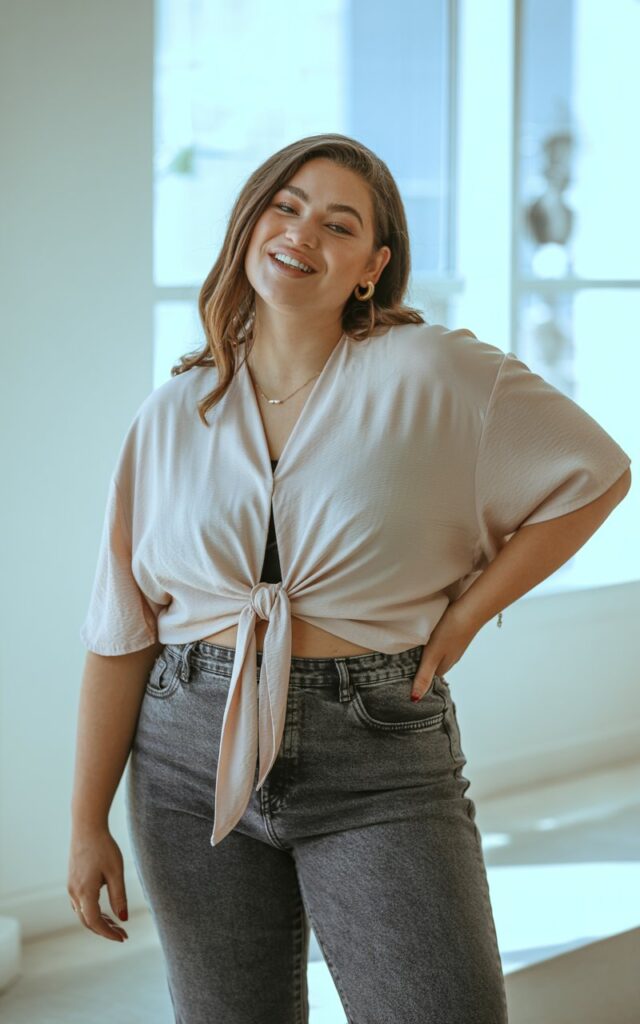 "A natural-looking young curvy woman wearing a tie-front blouse with slim-fit denim. Theme: curvy outfits."