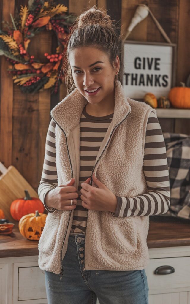 A natural-looking young woman wearing a thermal top layered under a casual midi dress. Theme thanksgiving outfit