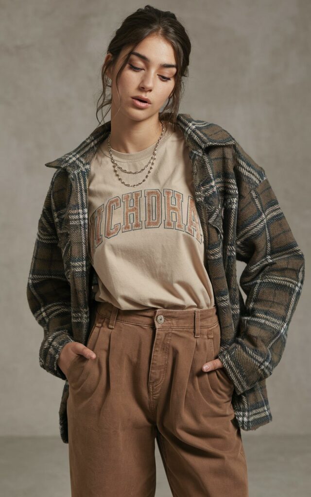 A natural-looking young woman wearing brown trousers styled with a tucked-in graphic tee for casual yet classy appeal. Theme brown pants outfit for women