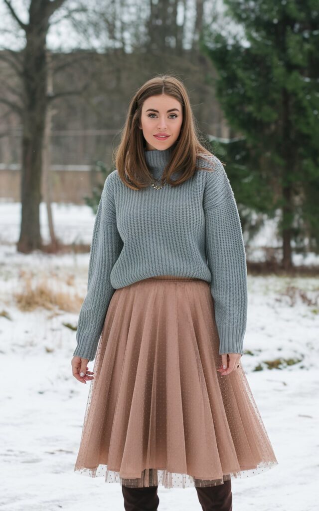 "A natural-looking young woman wearing a feminine midi skirt paired with a structured winter sweater and boots. Theme: winter fashion outfits "