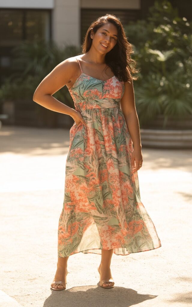 "A natural-looking young curvy woman wearing a printed maxi dress with a defined waistline. Theme: curvy outfits."