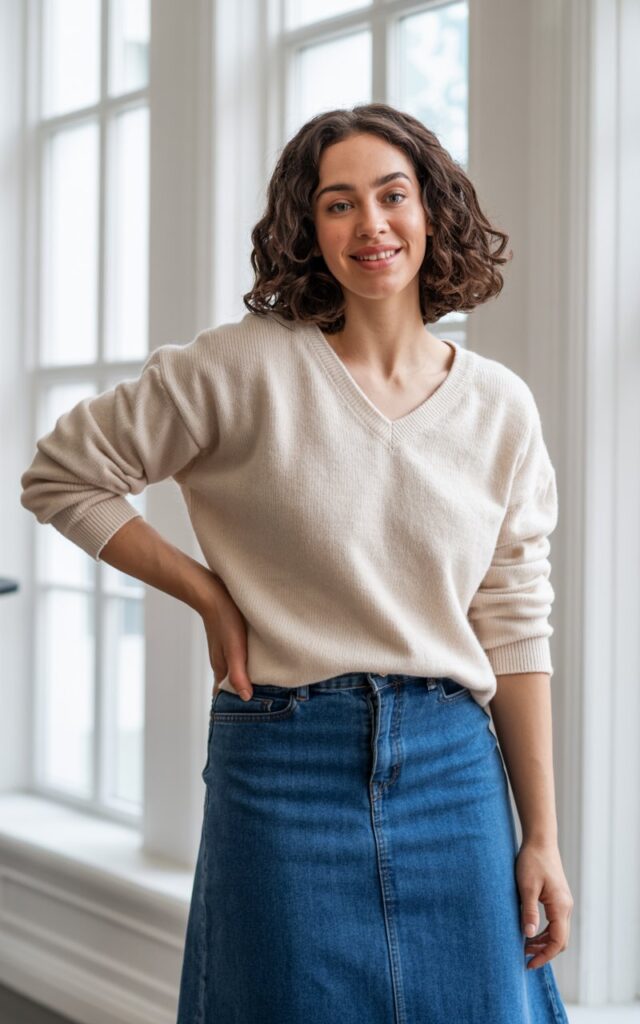 "A natural-looking young curvy woman wearing a V-neck sweater with a denim midi skirt. Theme: curvy outfits."