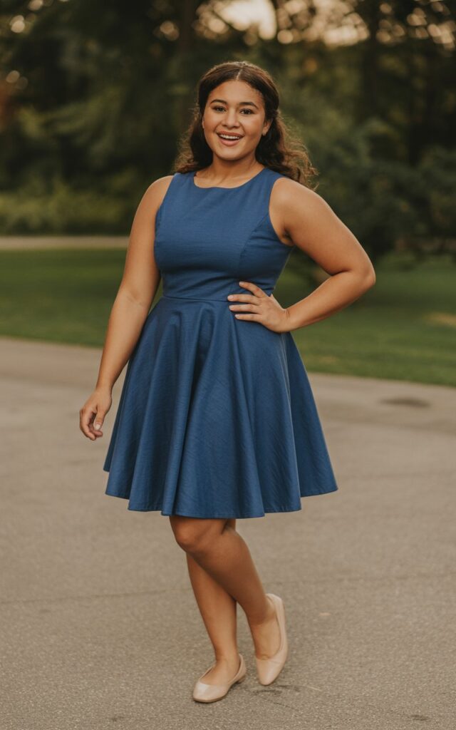 "A natural-looking young woman wearing a fit-and-flare dress. Theme: curvy outfits."