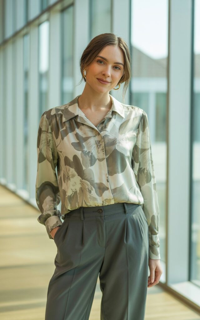 A natural-looking young woman wearing a silk blouse layered under a knit sweater. Theme business casual outfits