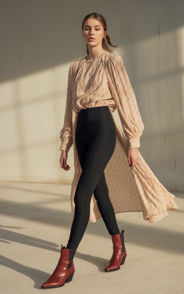 A fashion photograph of a natural-looking young woman showcasing a stylish casual outfit with leggings and boots as the focal point. She wears form-fitting black leggings paired with sleek pointed-toe ankle boots in rich brown leather, complemented by a flowing cream-colored blouse with subtle texture and gentle draping. The woman stands confidently with one leg slightly forward, highlighting the silhouette of the leggings and the elegant line of the pointed boots. The background features soft, diffused natural lighting against a minimalist urban setting, creating an effortless everyday chic aesthetic.