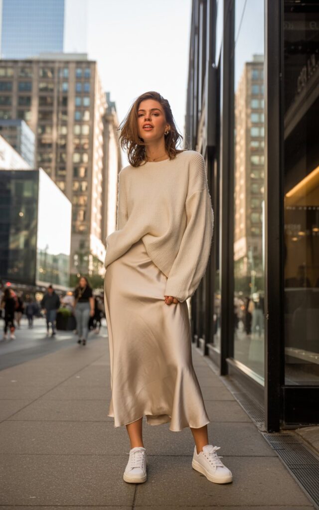 A fashion photograph of a young woman with natural makeup and tousled hair, wearing a cream-colored lightweight knit sweater casually layered over a flowing champagne silk slip skirt. She stands confidently on a busy downtown sidewalk, her white leather sneakers creating a perfect blend of comfort and style. The urban backdrop features modern storefronts and glass buildings, with soft afternoon sunlight filtering between the structures, casting a warm glow that highlights the textures of her outfit and the contemporary city atmosphere.
